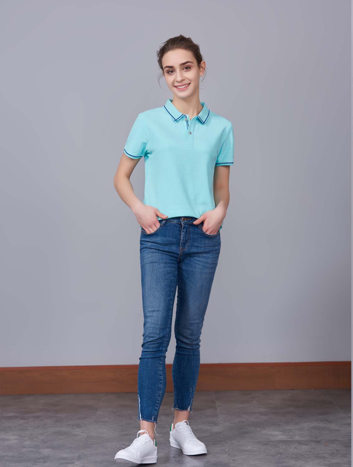 夏季玉綠男女同款絲綢質感透氣翻領商務POLO衫/T恤衫-1898#