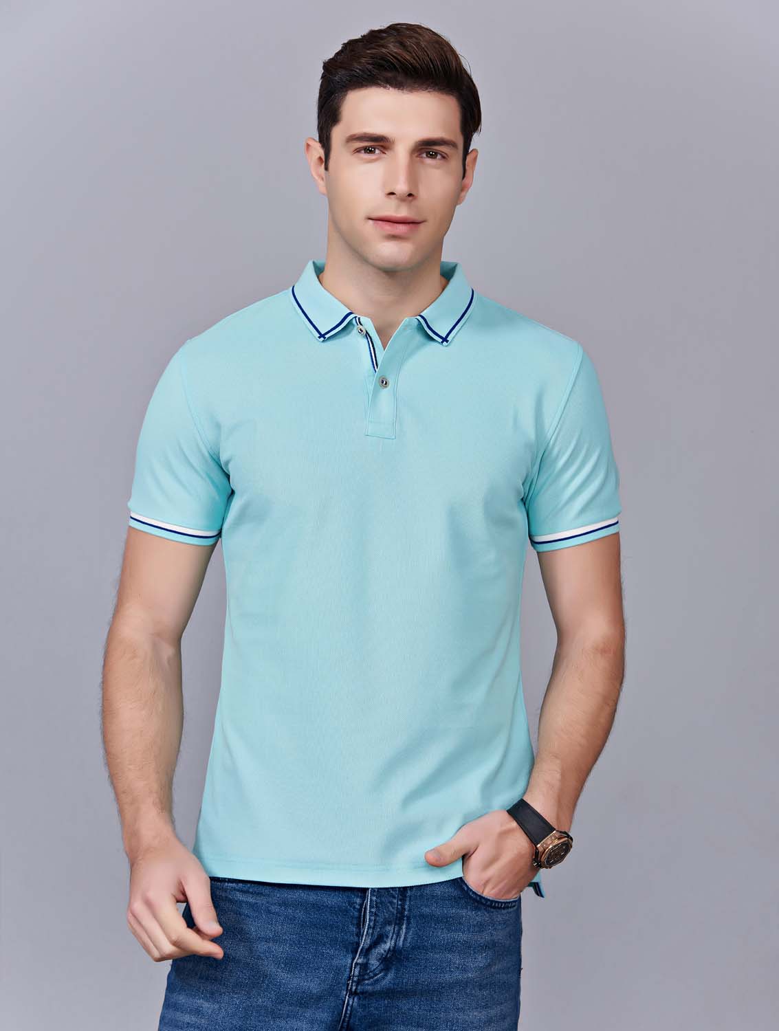 夏季玉綠男女同款絲綢質感透氣翻領商務POLO衫/T恤衫-1898#