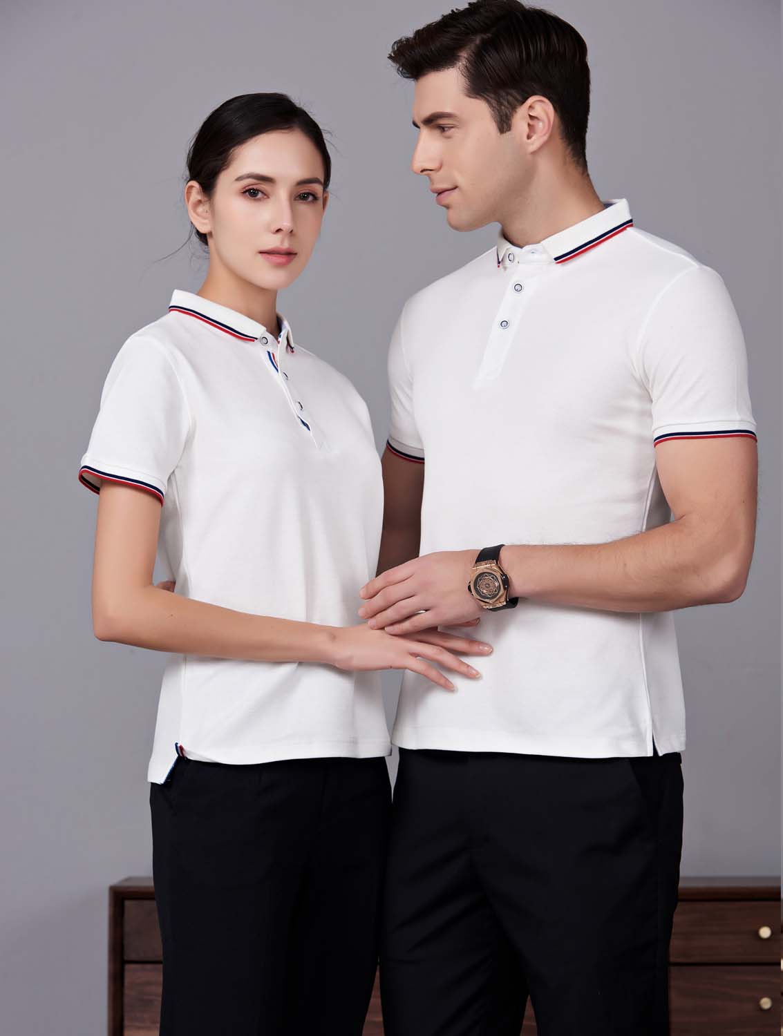 夏季白色男女同款滌棉翻領休閑T恤衫/Polo衫-2788#