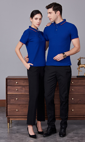 夏季寶藍色男女同款滌棉翻領休閑T恤衫/Polo衫-2788#