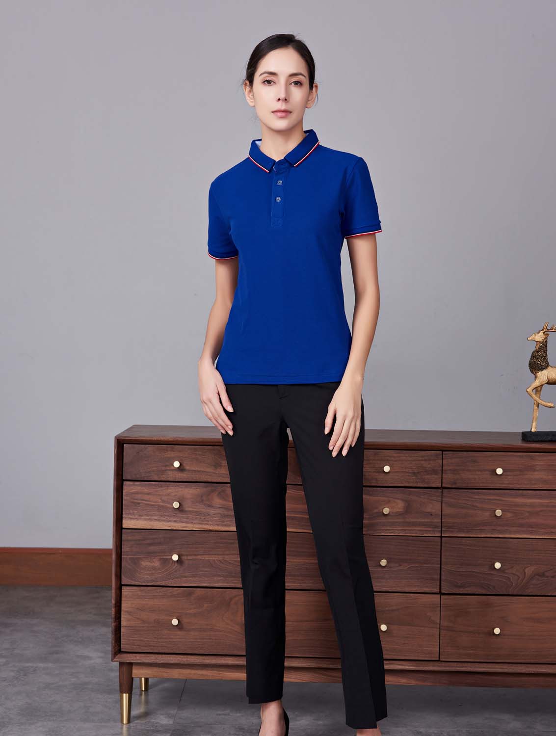 夏季寶藍色男女同款滌棉翻領休閑T恤衫/Polo衫-2788#