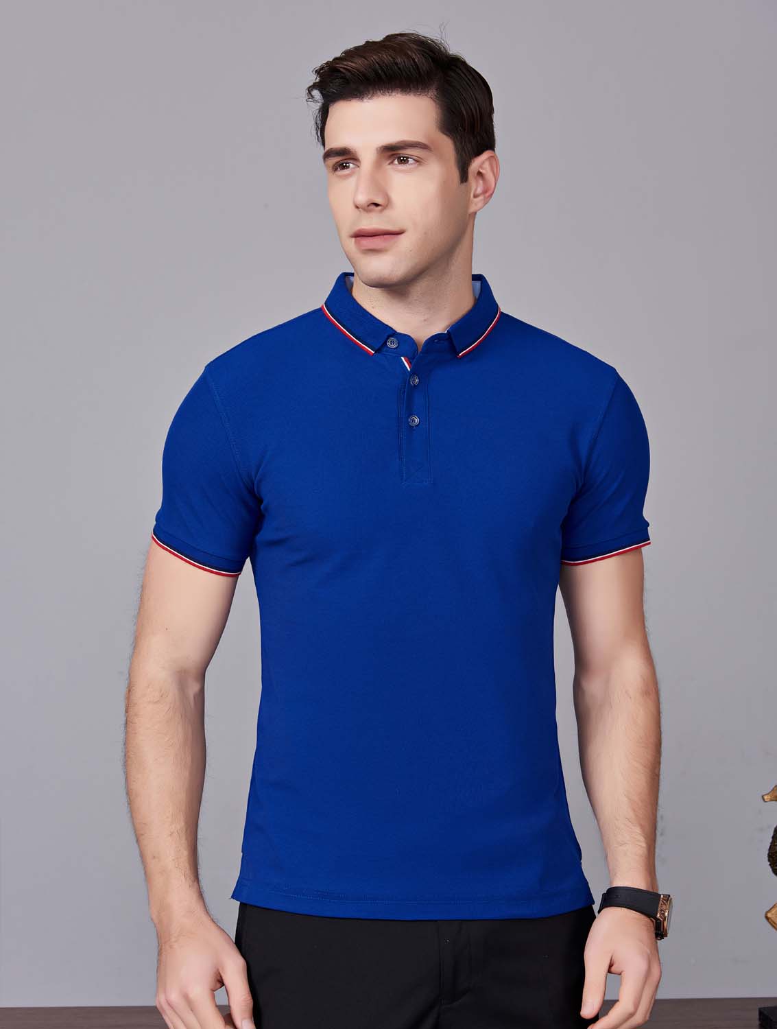 夏季寶藍色男女同款滌棉翻領休閑T恤衫/Polo衫-2788#