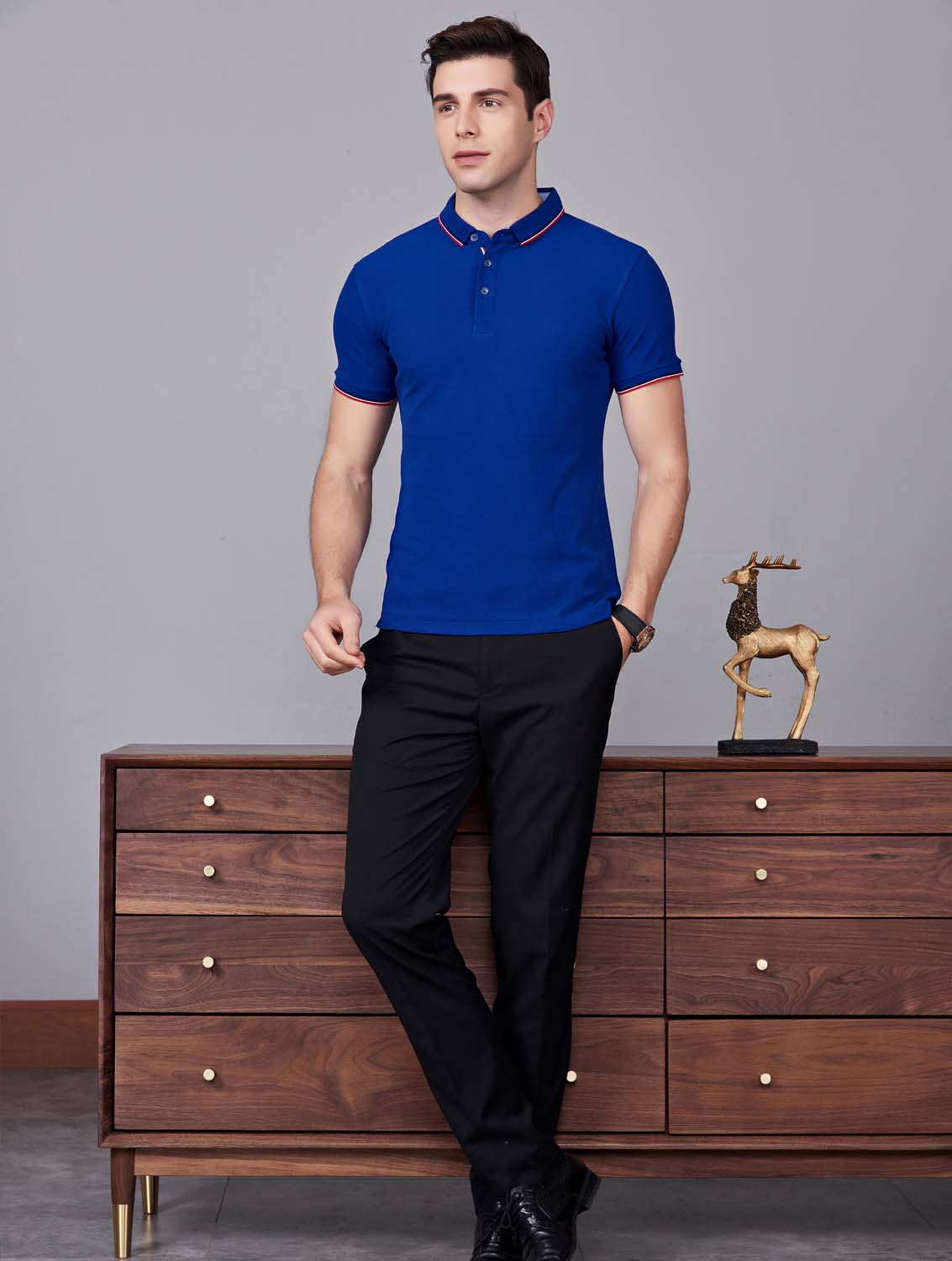 夏季寶藍色男女同款滌棉翻領休閑T恤衫/Polo衫-2788#