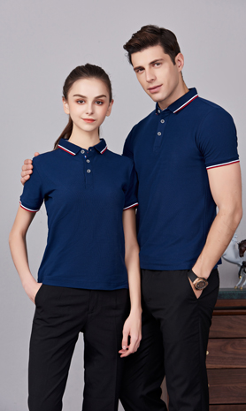 夏季藏藍色男女同款滌棉短袖翻領時尚T恤衫/polo衫-2788#