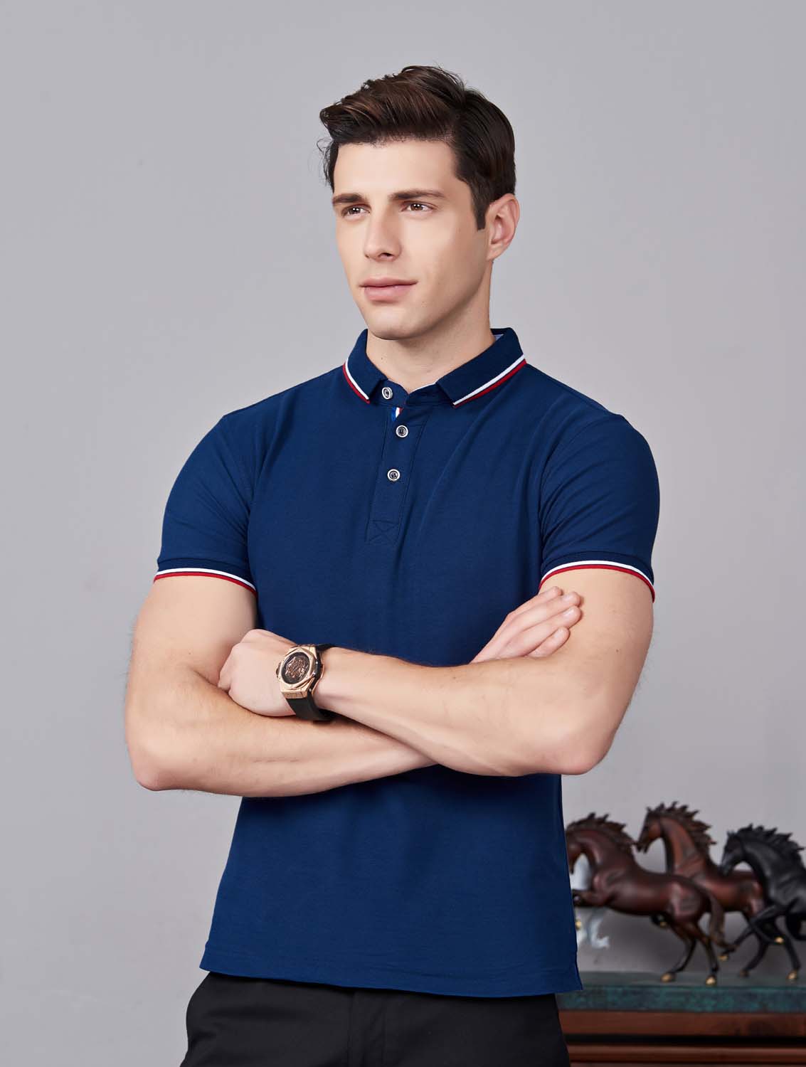 夏季藏藍色男女同款滌棉短袖翻領時尚T恤衫/polo衫-2788#