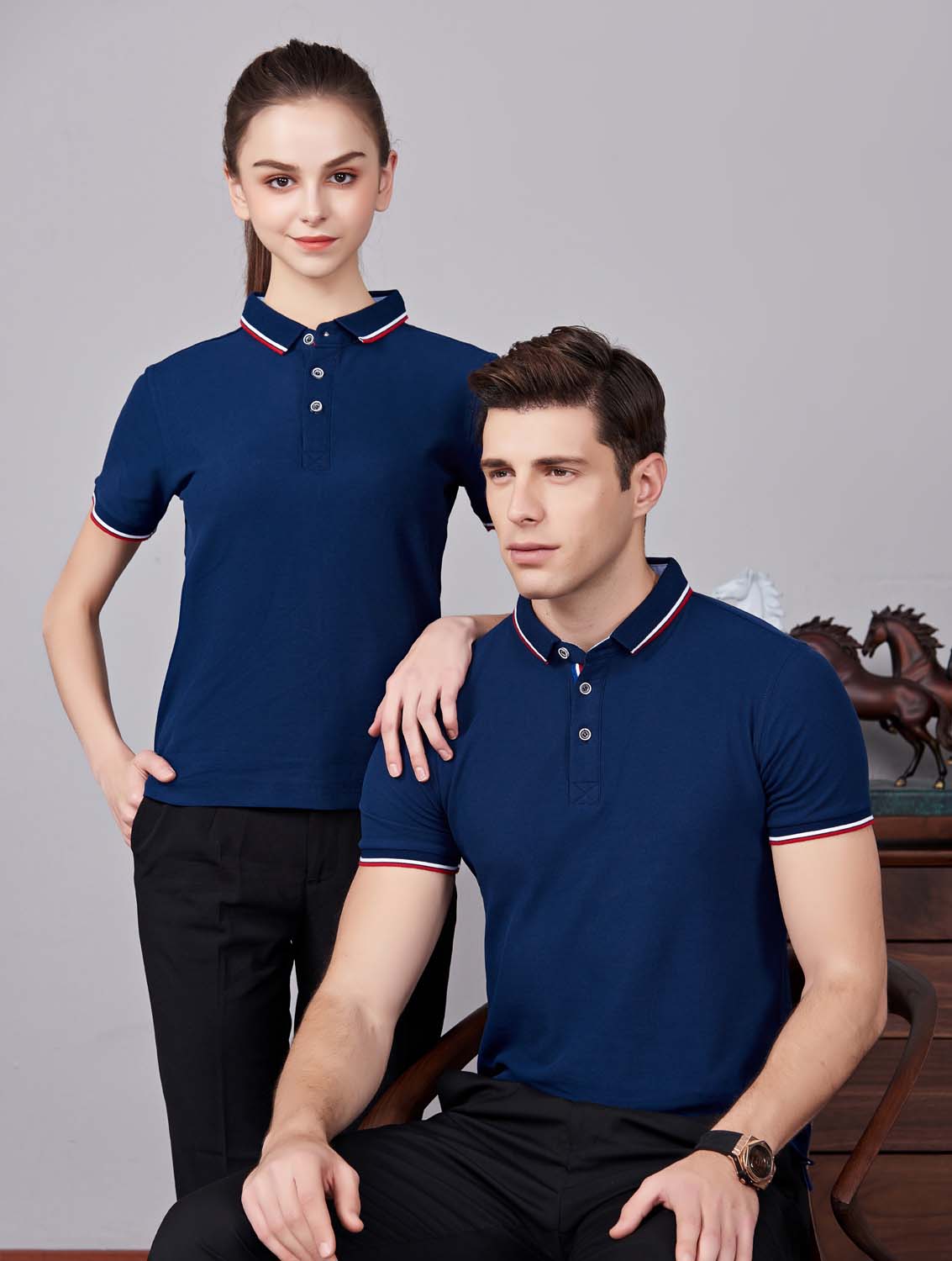 夏季藏藍色男女同款滌棉短袖翻領時尚T恤衫/polo衫-2788#