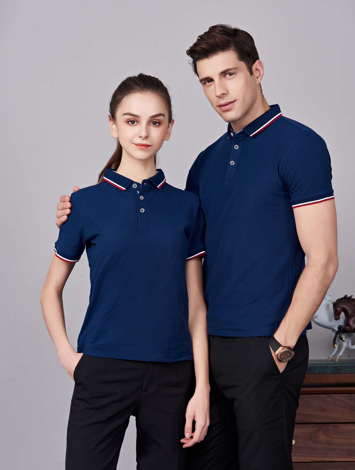 夏季藏藍色男女同款滌棉短袖翻領時尚T恤衫/polo衫-2788#