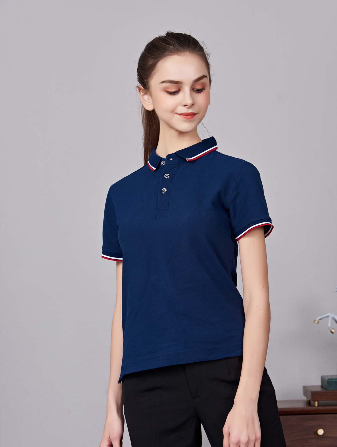 夏季藏藍色男女同款滌棉短袖翻領時尚T恤衫/polo衫-2788#