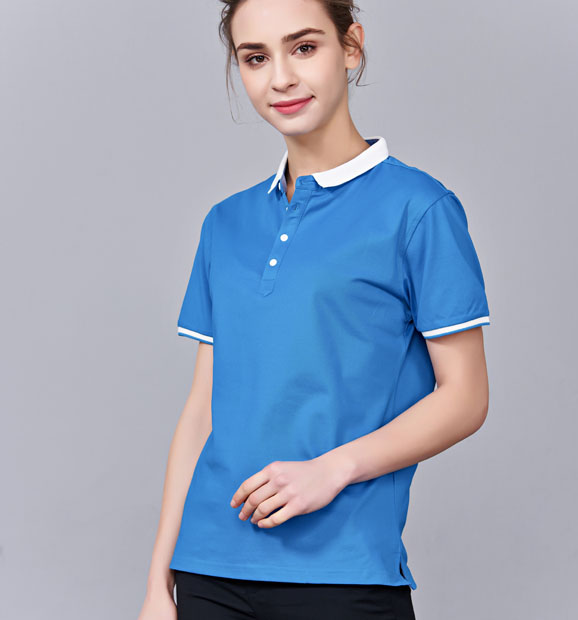 夏季湖藍色男女同款滌棉短袖翻領時尚休閑T恤衫/馬球衫-85651#