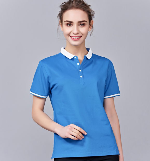 夏季湖藍色男女同款滌棉短袖翻領時尚休閑T恤衫/馬球衫-85651#