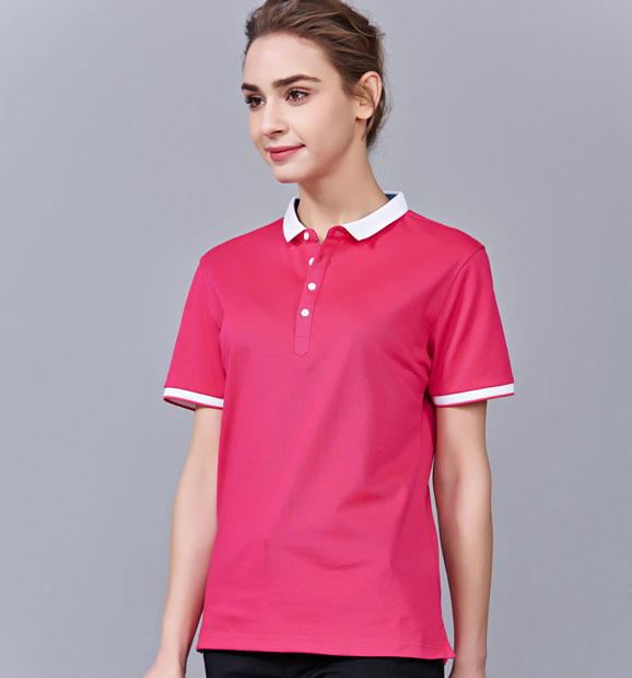 夏季玫紅色男女同款滌棉短袖翻領時尚休閑T恤衫/馬球衫-85651#