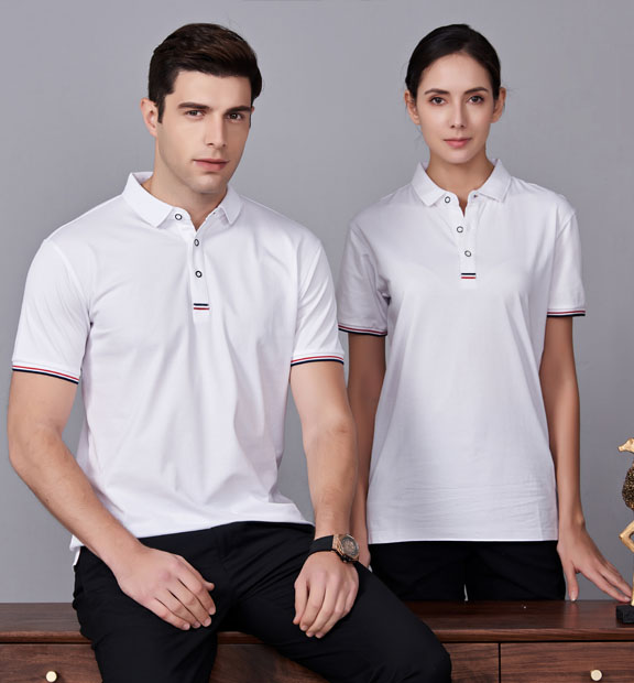 夏季白色男女同款滌棉短袖翻領(lǐng)時(shí)尚休閑T恤衫-85681#