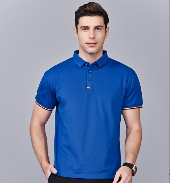 夏季寶藍色男女同款滌棉短袖翻領時尚休閑T恤衫-85681#