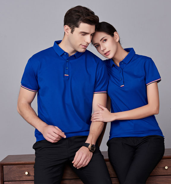 夏季寶藍色男女同款滌棉短袖翻領時尚休閑T恤衫-85681#