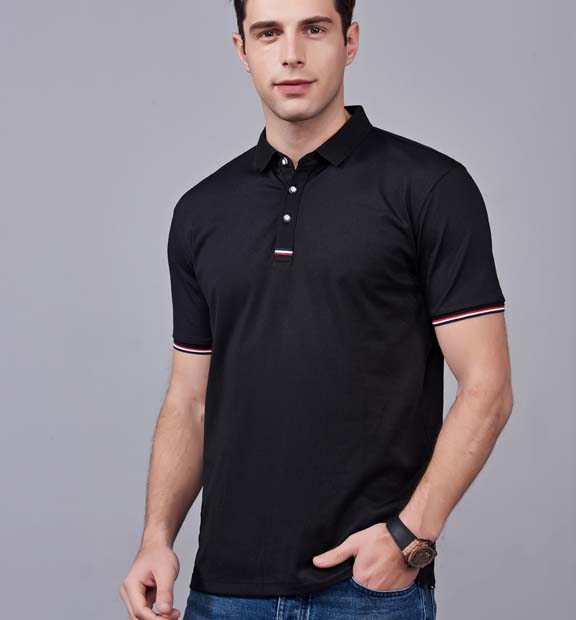 夏季黑色男女同款滌棉短袖翻領時尚休閑T恤衫-85681#