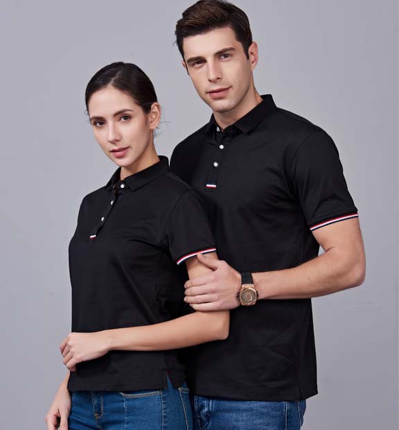 夏季黑色男女同款滌棉短袖翻領時尚休閑T恤衫-85681#