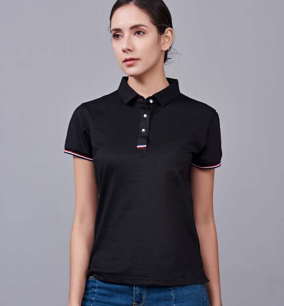 夏季黑色男女同款滌棉短袖翻領時尚休閑T恤衫-85681#