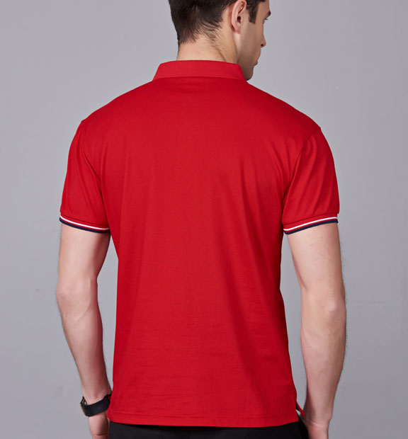 夏季紅色男女同款滌棉短袖翻領時尚休閑T恤衫-85681#