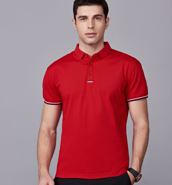 夏季紅色男女同款滌棉短袖翻領時尚休閑T恤衫-85681#