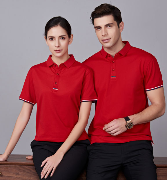 夏季紅色男女同款滌棉短袖翻領時尚休閑T恤衫-85681#