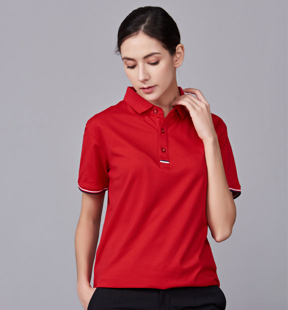 夏季紅色男女同款滌棉短袖翻領時尚休閑T恤衫-85681#