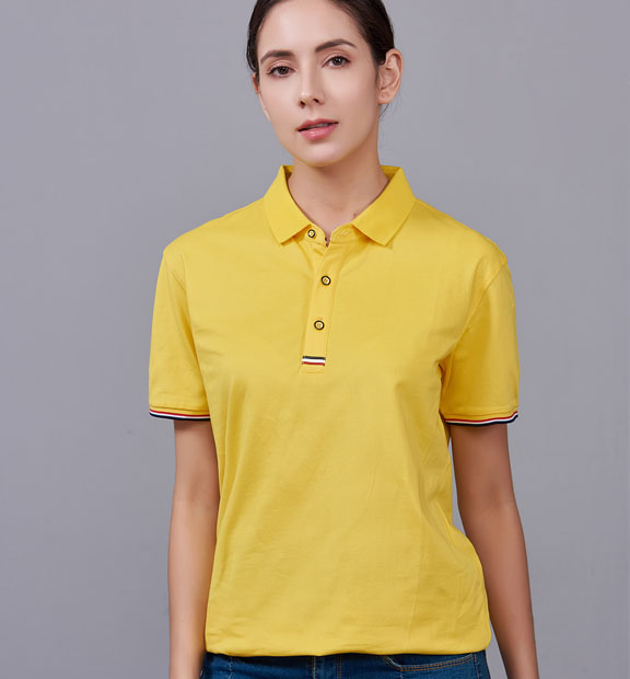 夏季黃色男女同款滌棉短袖翻領時尚休閑T恤衫-85681#