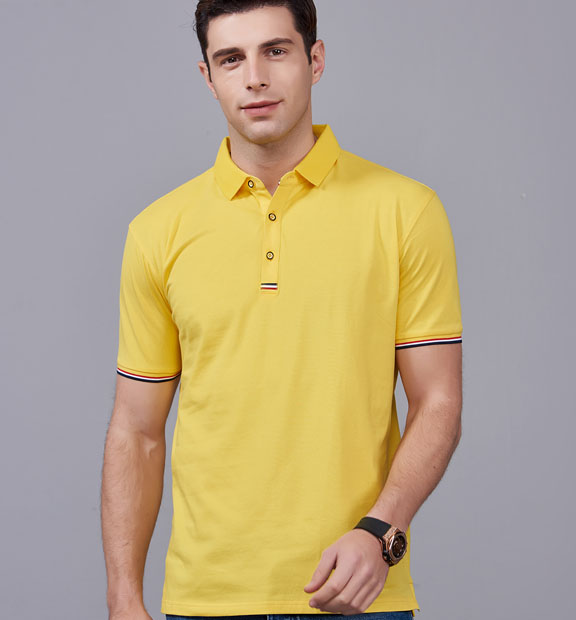 夏季黃色男女同款滌棉短袖翻領時尚休閑T恤衫-85681#