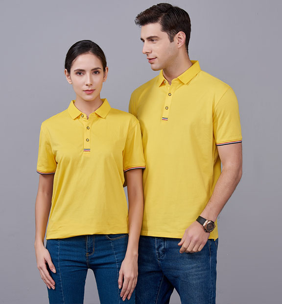 夏季黃色男女同款滌棉短袖翻領時尚休閑T恤衫-85681#
