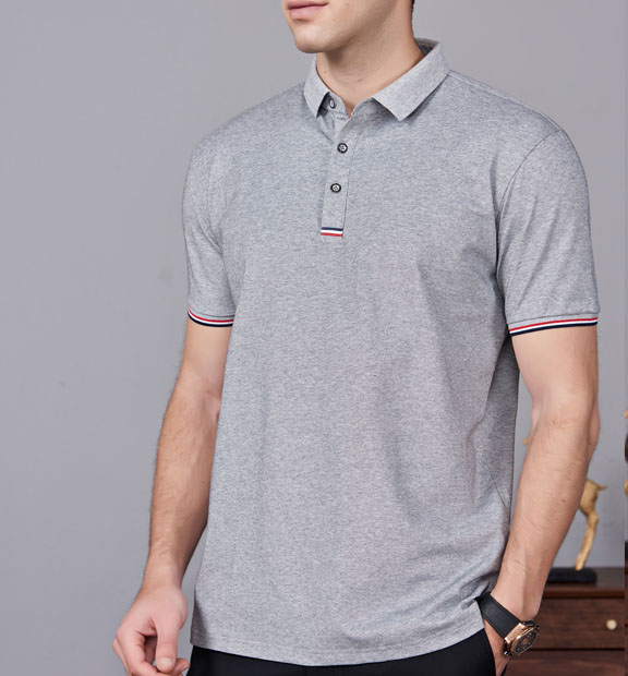 夏季麻灰色男女同款滌棉短袖翻領時尚休閑T恤衫-85681#