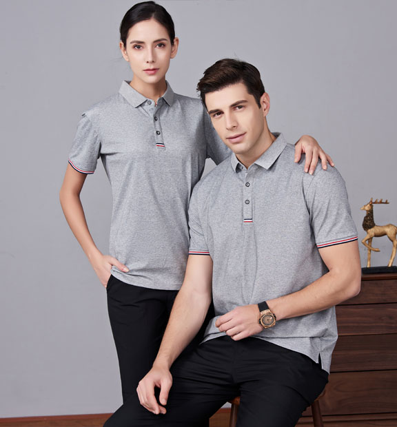 夏季麻灰色男女同款滌棉短袖翻領時尚休閑T恤衫-85681#