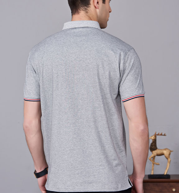 夏季麻灰色男女同款滌棉短袖翻領時尚休閑T恤衫-85681#