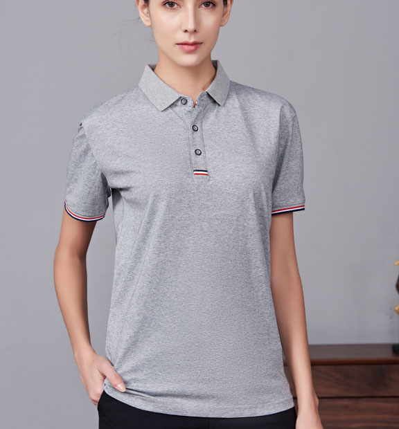 夏季麻灰色男女同款滌棉短袖翻領時尚休閑T恤衫-85681#