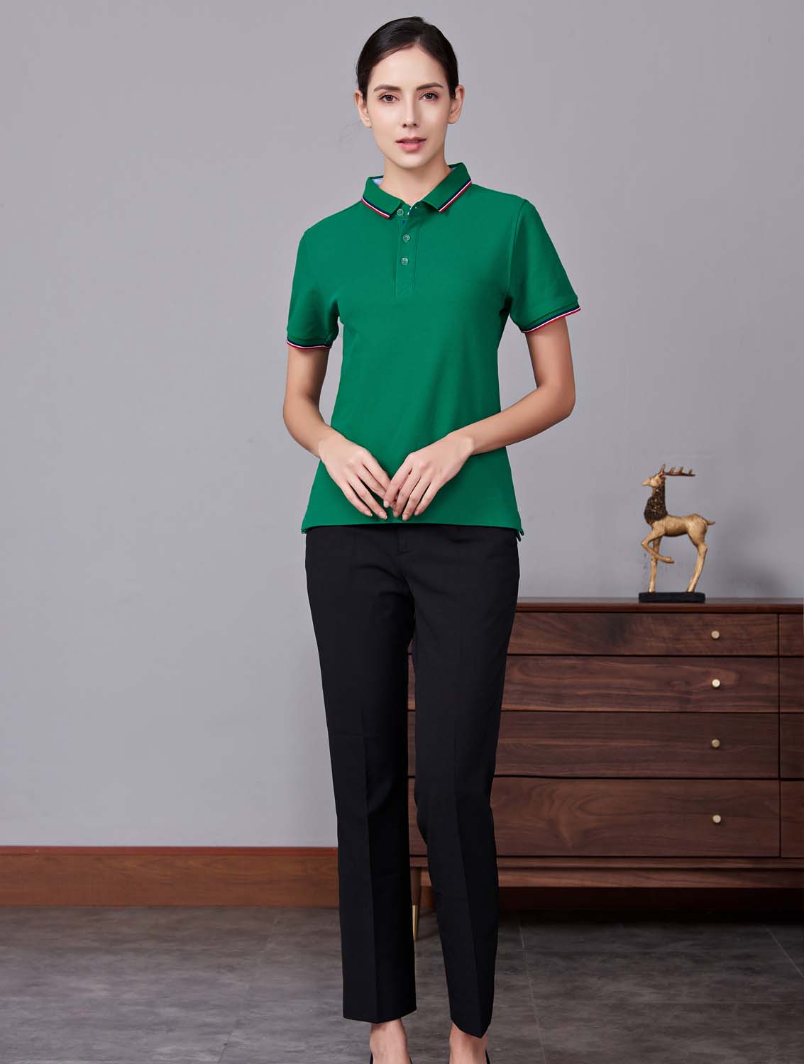 夏季草綠色男女同款滌棉短袖翻領(lǐng)時(shí)尚T恤衫/polo衫-2788#