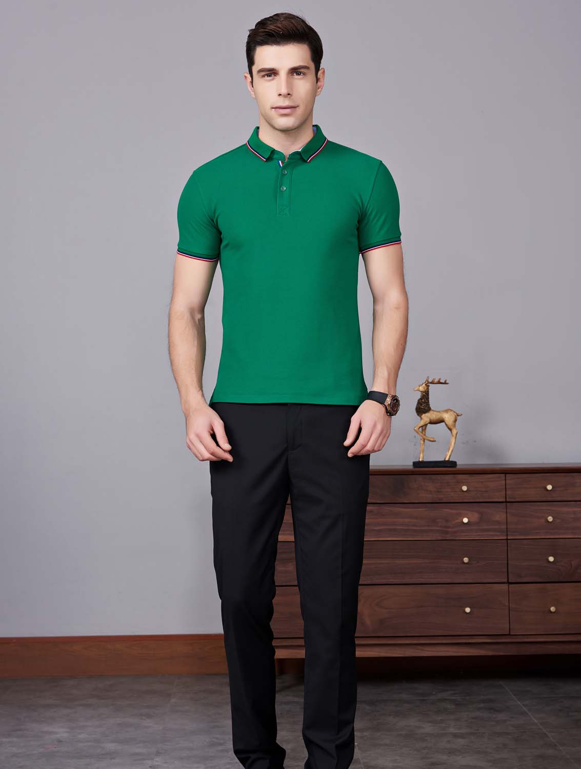 夏季草綠色男女同款滌棉短袖翻領(lǐng)時(shí)尚T恤衫/polo衫-2788#