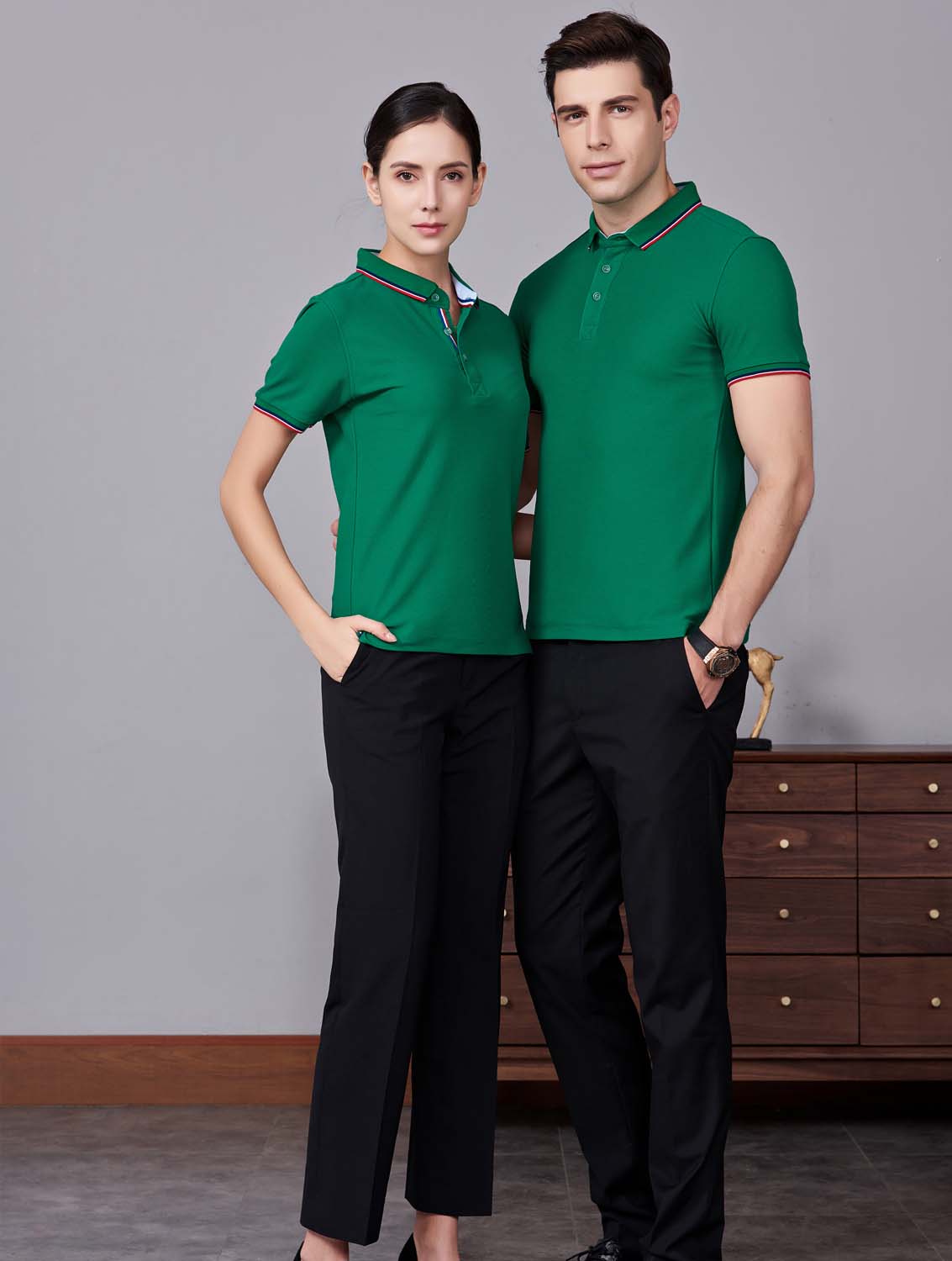 夏季草綠色男女同款滌棉短袖翻領(lǐng)時(shí)尚T恤衫/polo衫-2788#