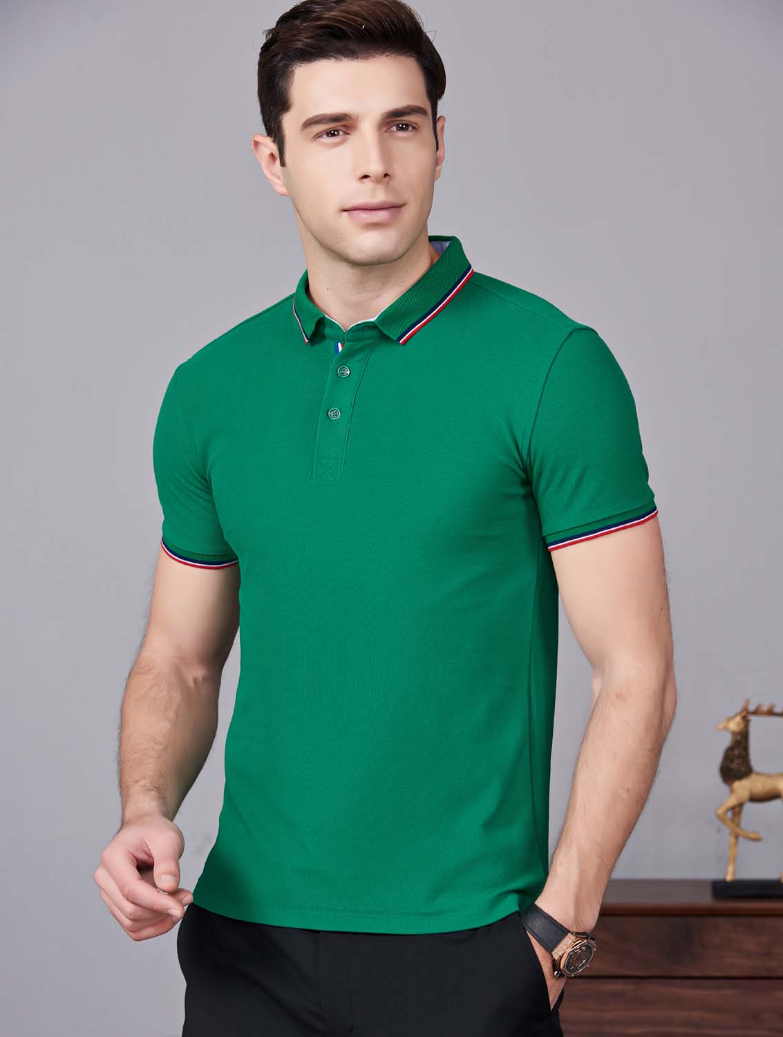 夏季草綠色男女同款滌棉短袖翻領(lǐng)時(shí)尚T恤衫/polo衫-2788#