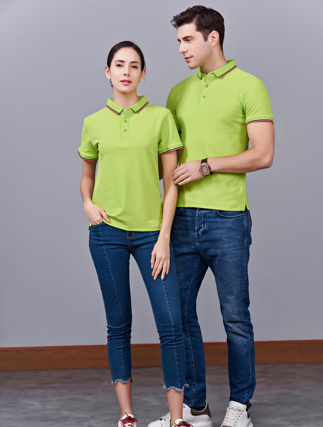 夏季草果綠色男女同款滌棉短袖翻領時尚T恤衫/polo衫-2788#
