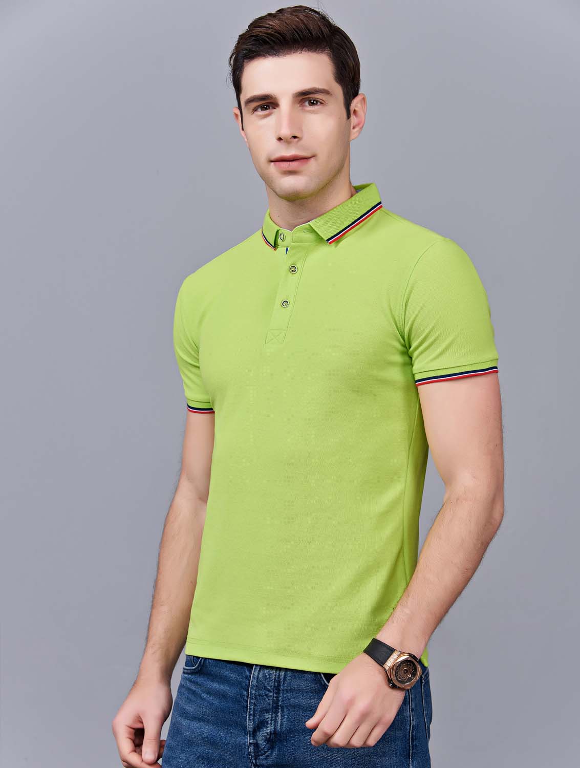夏季草果綠色男女同款滌棉短袖翻領時尚T恤衫/polo衫-2788#