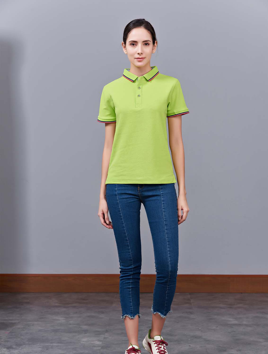 夏季草果綠色男女同款滌棉短袖翻領時尚T恤衫/polo衫-2788#