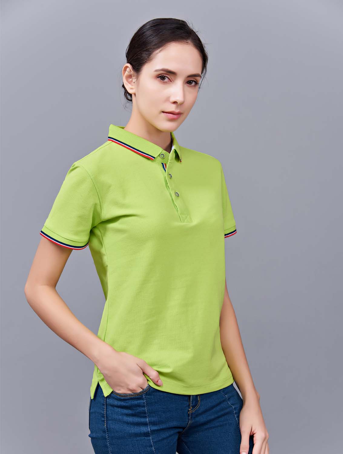 夏季草果綠色男女同款滌棉短袖翻領時尚T恤衫/polo衫-2788#