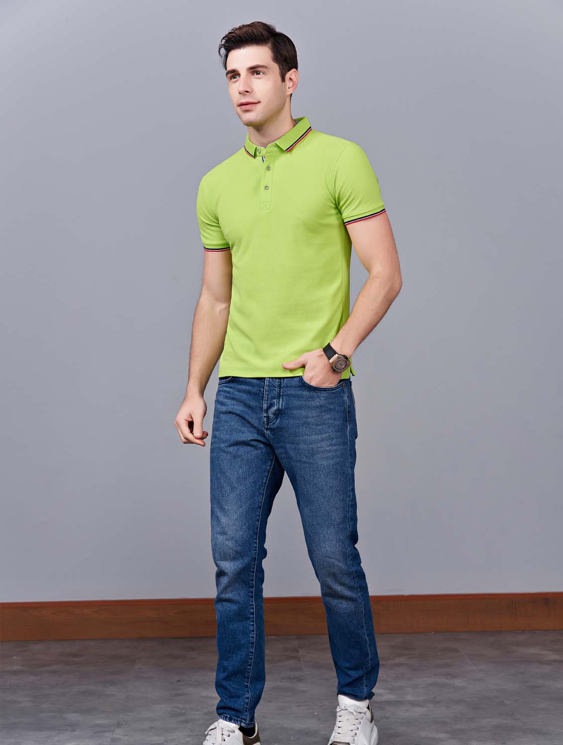 夏季草果綠色男女同款滌棉短袖翻領時尚T恤衫/polo衫-2788#
