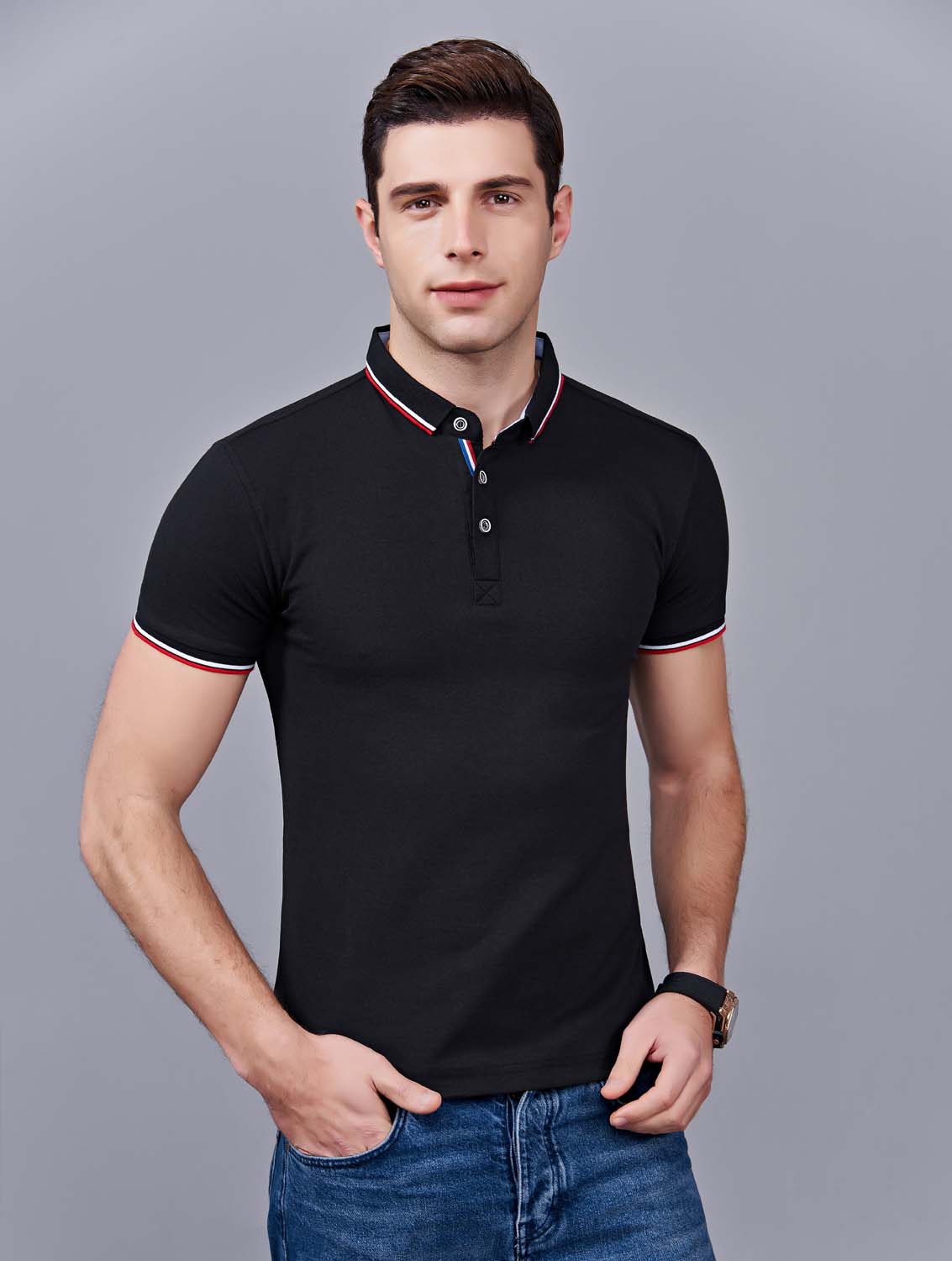 夏季黑色男女同款滌棉短袖翻領時尚T恤衫/polo衫-2788#