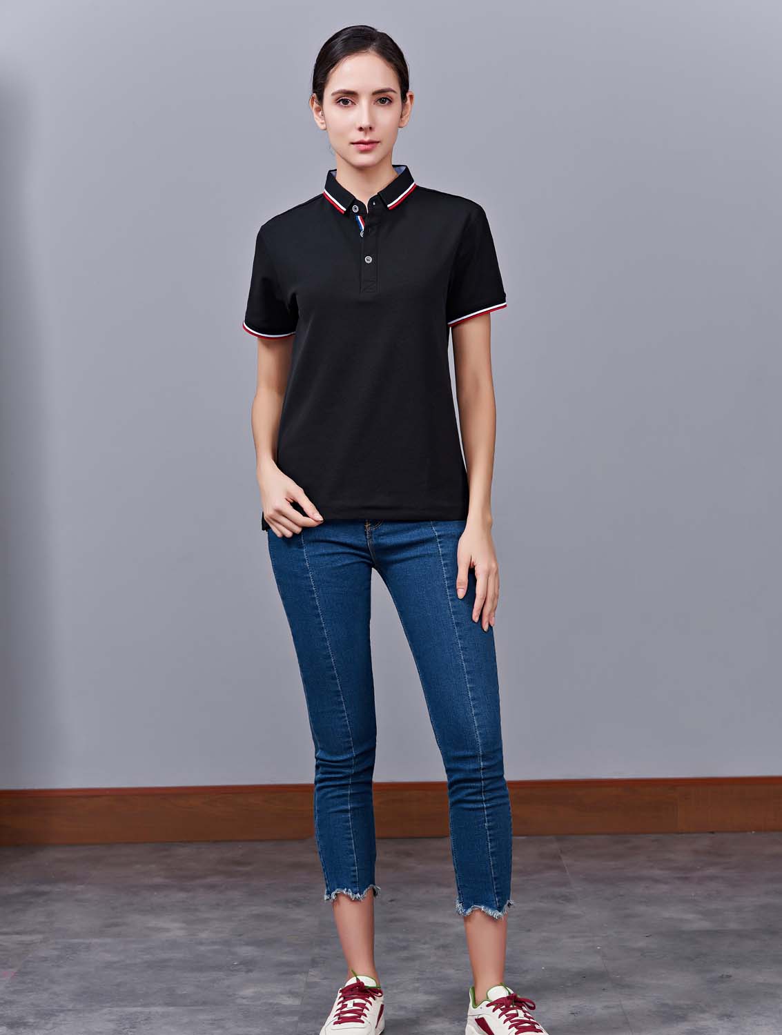 夏季黑色男女同款滌棉短袖翻領時尚T恤衫/polo衫-2788#