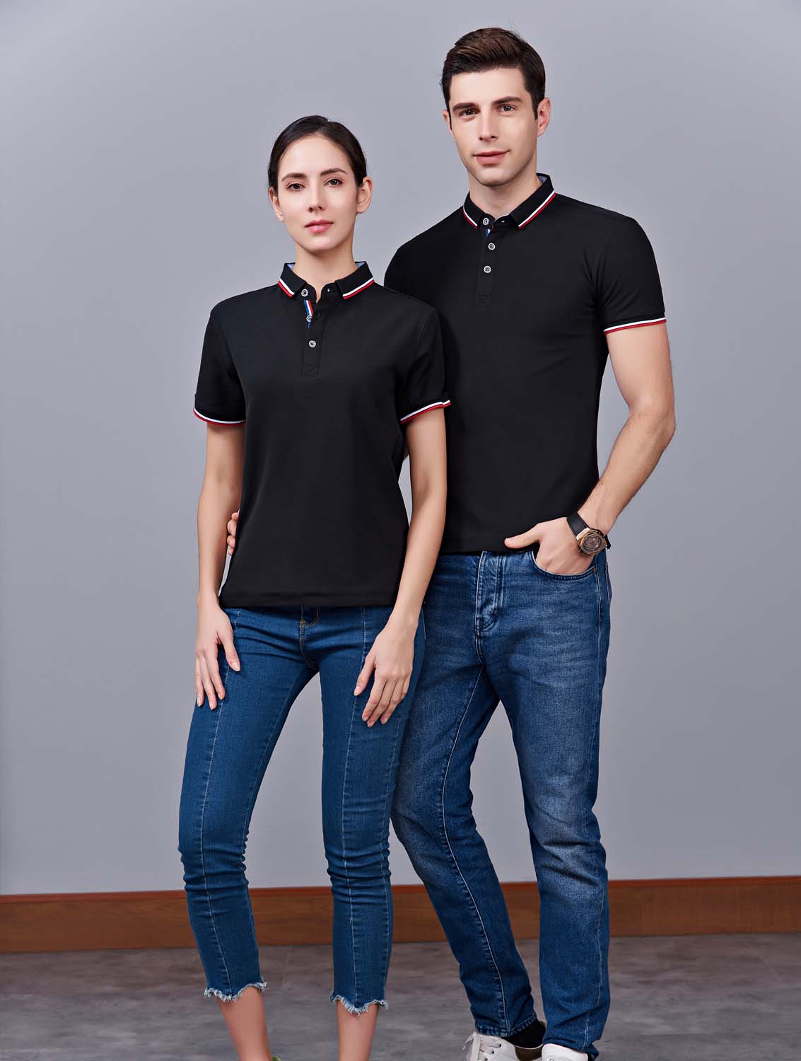 夏季黑色男女同款滌棉短袖翻領時尚T恤衫/polo衫-2788#