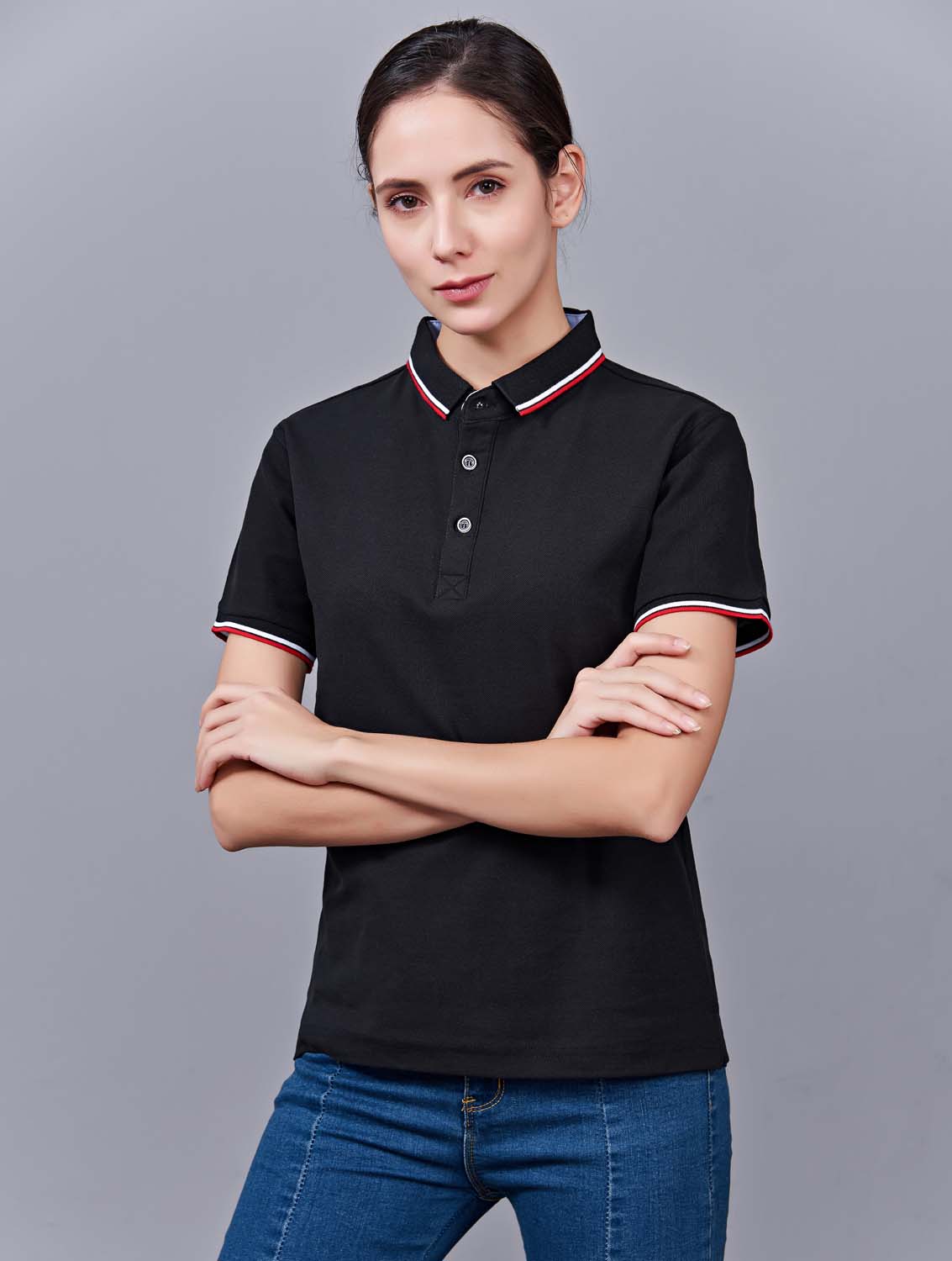 夏季黑色男女同款滌棉短袖翻領時尚T恤衫/polo衫-2788#