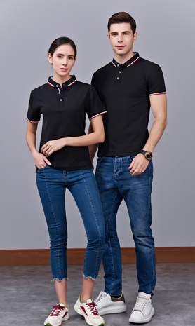 夏季黑色男女同款滌棉短袖翻領時尚T恤衫/polo衫-2788#