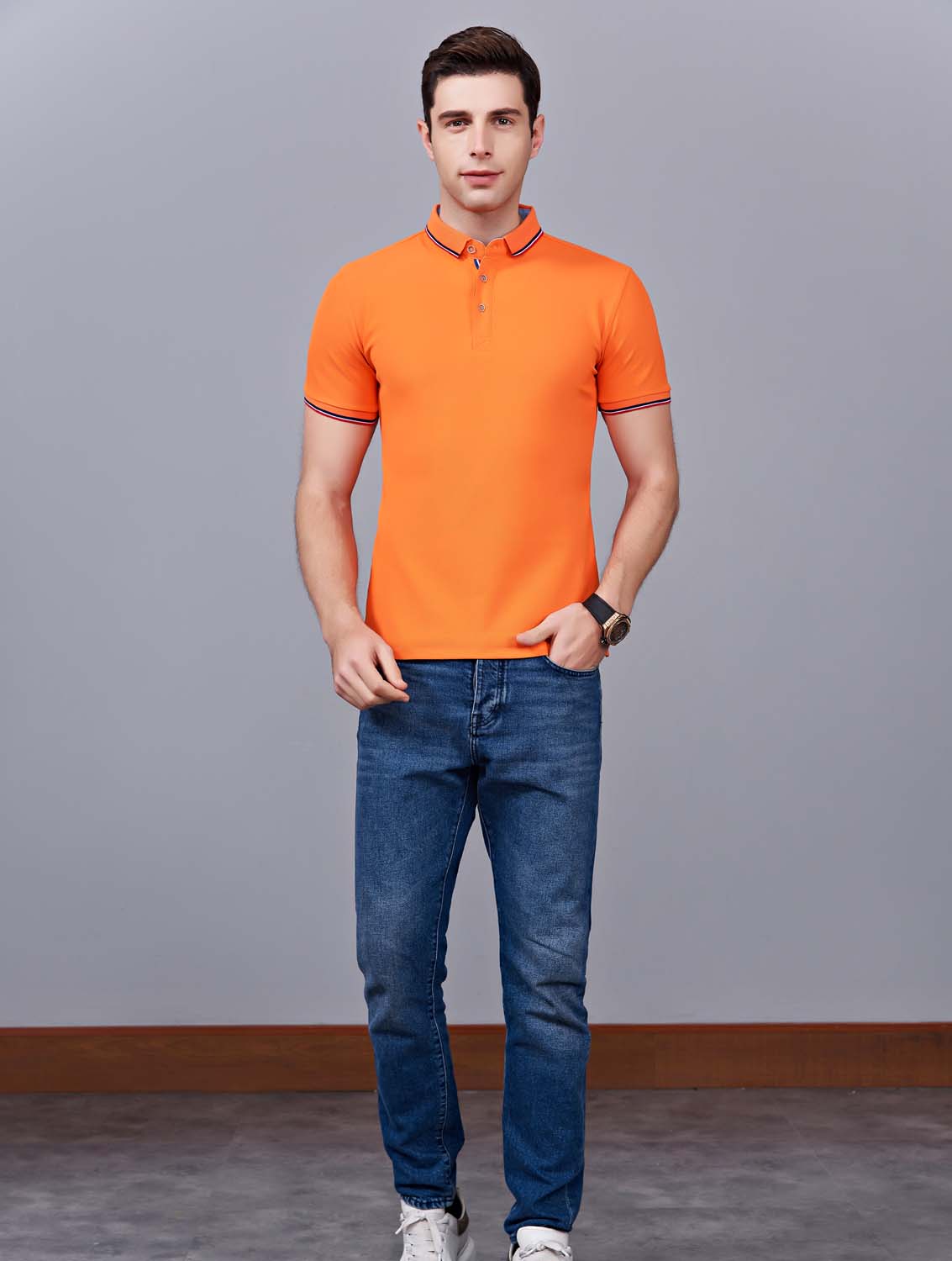 夏季橘色男女同款滌棉短袖翻領時尚T恤衫/polo衫-2788#