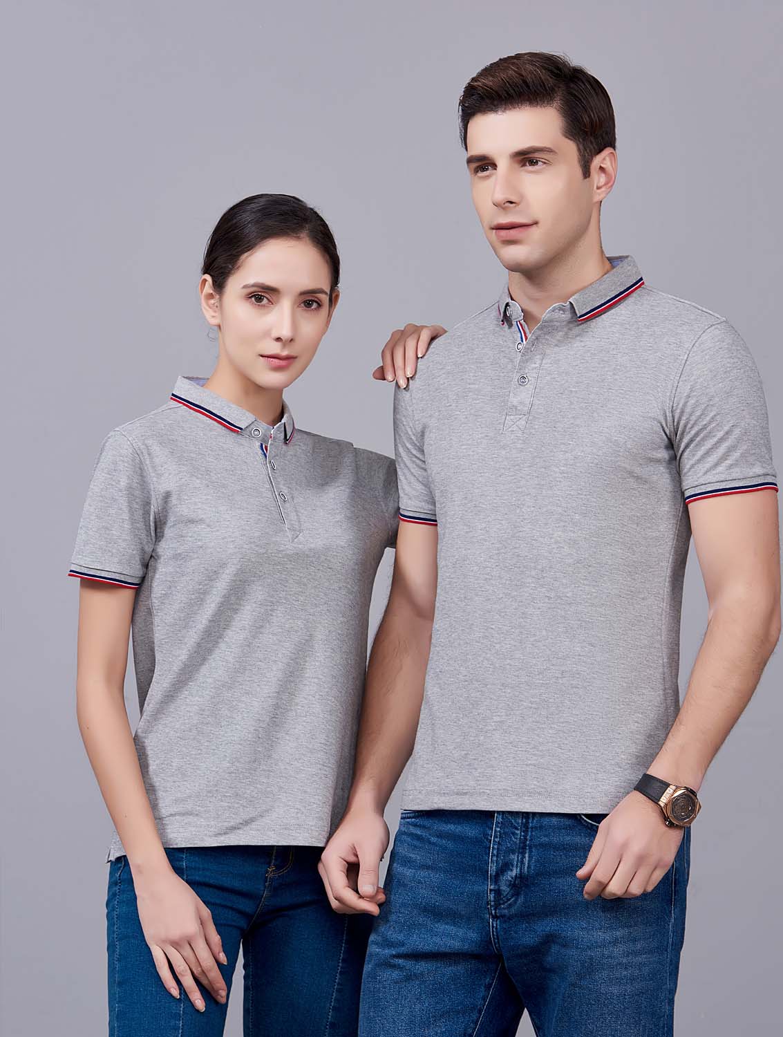 夏季麻灰色男女同款滌棉短袖翻領時尚T恤衫/polo衫-2788#