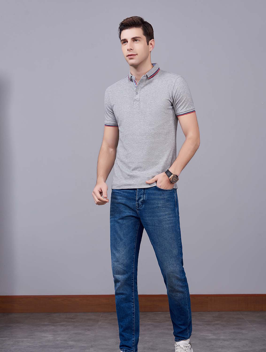 夏季麻灰色男女同款滌棉短袖翻領時尚T恤衫/polo衫-2788#