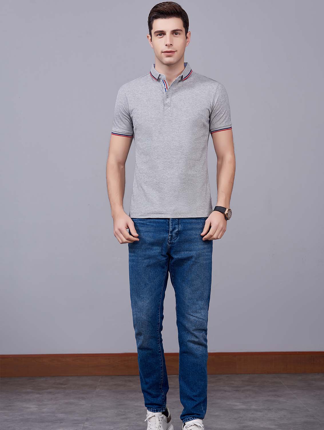 夏季麻灰色男女同款滌棉短袖翻領時尚T恤衫/polo衫-2788#